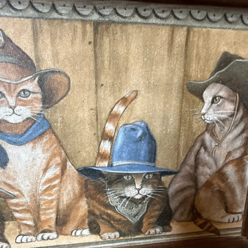 Wood Rectangular Serving Tray w/ Handles, Cowboy Cats Design, Large 16x9